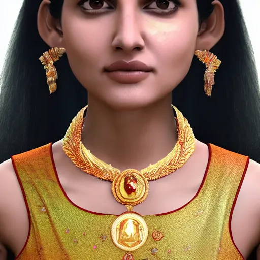 Image similar to a beautiful indian athletic slim female has a halo floating over her head like she was a holy person, the halo was made by a jeweler with gold with intricate details, unreal engine 5