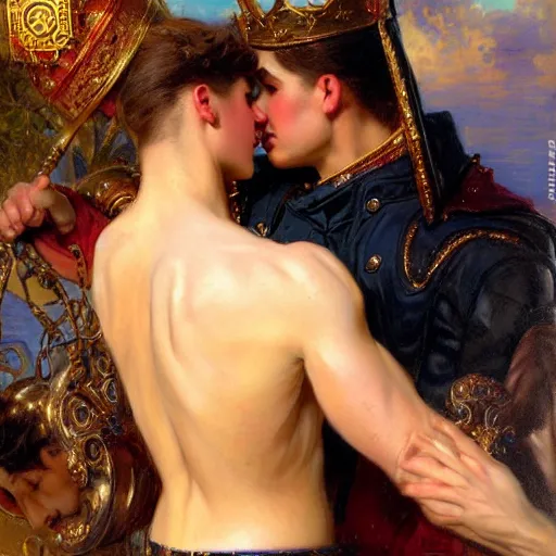 Prompt: attractive fully clothed king confesses his love for his attractive fully clothed male prince. highly detailed painting by gaston bussiere and j. c. leyendecker 8 k