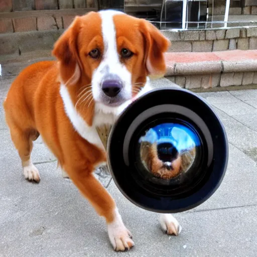 Prompt: widest fish eye lens extremely close to happy dog