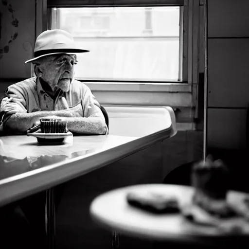 Image similar to a still of a lonely, melancholic old man staring at a slice of cake in a diner, he wears a birthday hat, infront of him is a framed photo facing him, dramatic contrasting light, 50mm, shot on a leica