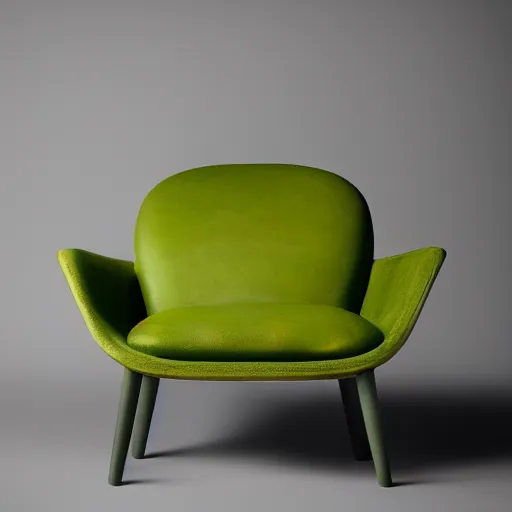 Image similar to an avacado chair, an armchair that looks like an avacado with green leather and seed yolk, award winning design, studio lighting, advanced photography, beautifully lit