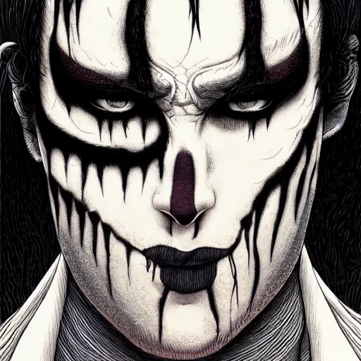 Prompt: detailed print of man wearing corpse paint. Artwork by Junji Ito and dan Mumford