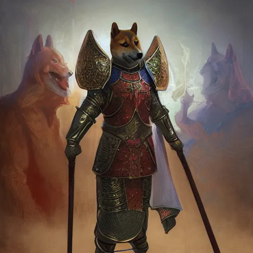 Image similar to anthropomorphic shiba inu, holy knight armor, in medieval banquet, stuning fantasy 3 d render, masterpiece, glowing aura, by donato giancola and greg rutkowski and wayne barlow and zdzisław beksinski, realistic face