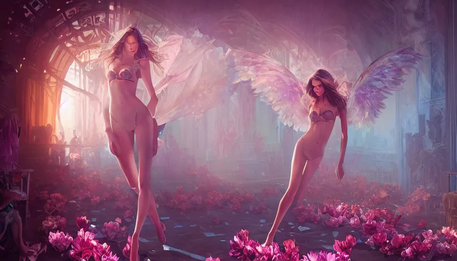 Image similar to victoria secret runway show, light, shadows, reflections, flowers, epic composition, intricate, elegant, volumetric lighting, digital painting, highly detailed, artstation, sharp focus, illustration, concept art, artgerm and mina petrovic and timothy kong and marina federovna, ruan jia, steve mccurry,