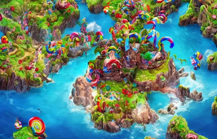 Image similar to an entire island made out of candy, candied island, photorealistic digital art, fantasy and realistic concept art, dynamic lighting, air view, beautiful scenery