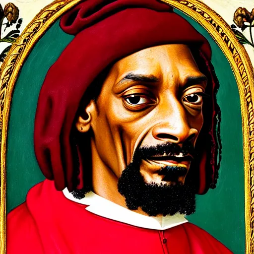 Image similar to a highly detailed portrait of snoop dogg, wearing elegant tudor clothes, inside a room with thick red tapestries, oil painting by hans holbein and alessandro allori and richard burbage