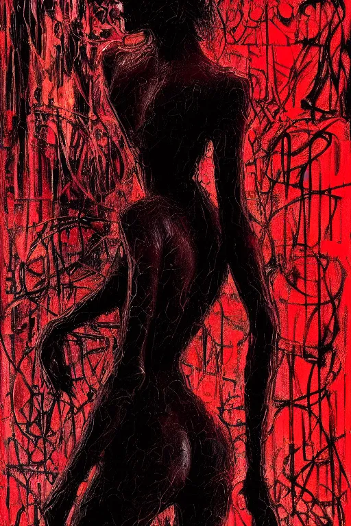 Image similar to dreamy gothic girl, long black leather, wet red brush, beautiful woman body, detailed acrylic, grunge, intricate complexity, by dan mumford and by alberto giacometti, peter lindbergh