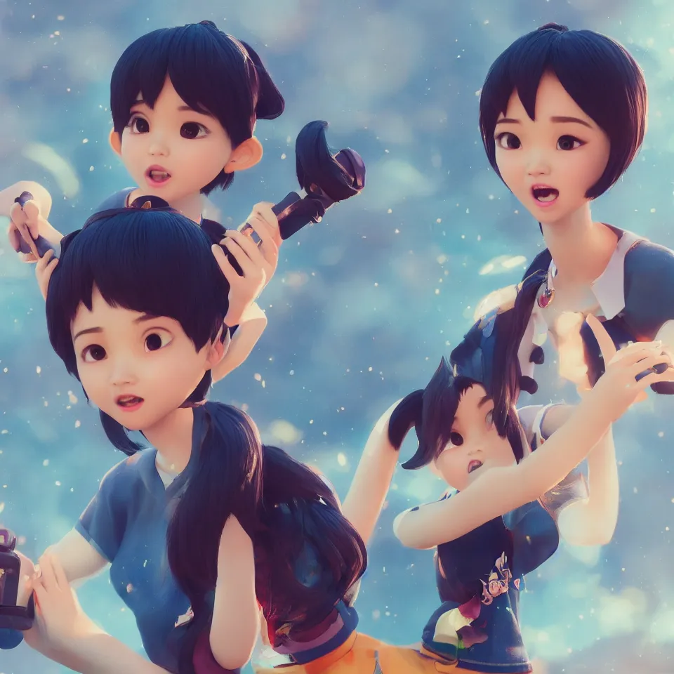 Image similar to a cute Asian girl singing, short stylish hair in the style of DreamWorks animation, mid-shot, low angle view, 16mm lens, award winning, hyper detailed, studio lighting, artstation, octane renderer, unreal engine