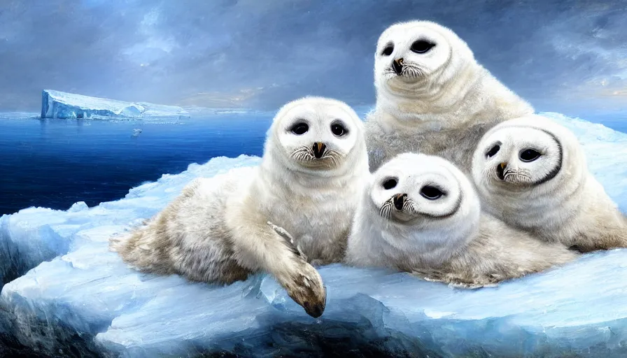 Image similar to highly detailed painting of cute furry white baby seal owls with big furry antlers cuddling into each other on a blue and white iceberg by william turner, by greg rutkowski, by william constable, thick brush strokes and visible paint layers, 4 k resolution