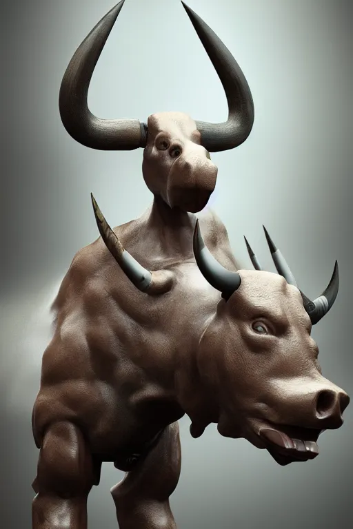 Image similar to a tall bull android with hard rubber coating standing, 3 d, depth of field, octane render, symmetrical, hyper realism, highly detailed, digital art, artstation, concept art, cinematic lighting, trending