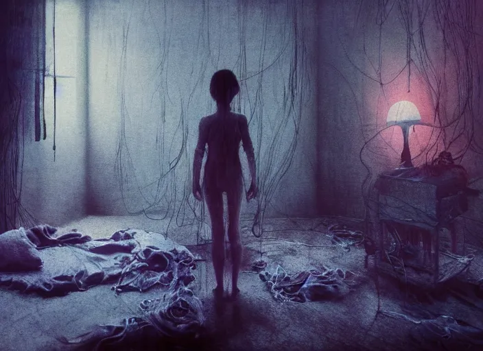 Prompt: rgb, sadness, bedroom full of water, sadness, cinematic, movie scene, inspired by zdzislaw beksinski, clothes made out of veins,, cables everywhere, bedroom, ultra realistic, concept art, intricate details, highly detailed, photorealistic, octane render, 8 k