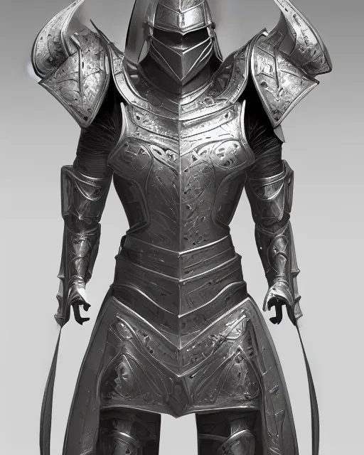 Image similar to noble armor, medieval fantasy concept art, trending on artstation, shiny silver with gold trim, flat shading, smooth lines, beveled edges, smooth contours, extremely clean, uncluttered, symmetrical, front view