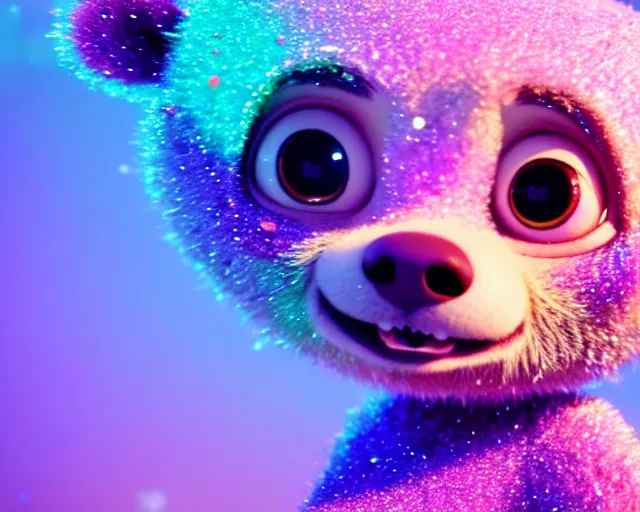 Prompt: a cute cute baby bear cub, big eyes, soft scale texture, pastel colours, colorful, shiny glitter crystals, cute, adorable, pixar animation style, detailed, soft light, octane render, cute, 4 k,