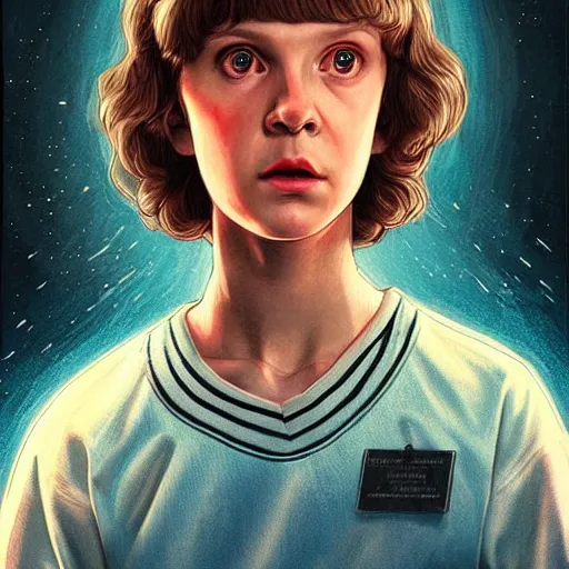 Prompt: a portrait of Eleven from Stranger things by WLOP!!!!!, character , female-focus, painting!!,scene