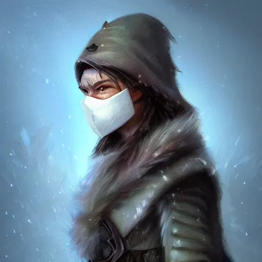 Prompt: a fantasy snow bandit from ‘ icewind dale ’ with mask, ‘ icewind dale 2 ’ profile portrait by ‘ justin sweet ’, falling snow, soft focus, illustrated, oil paint, artstation