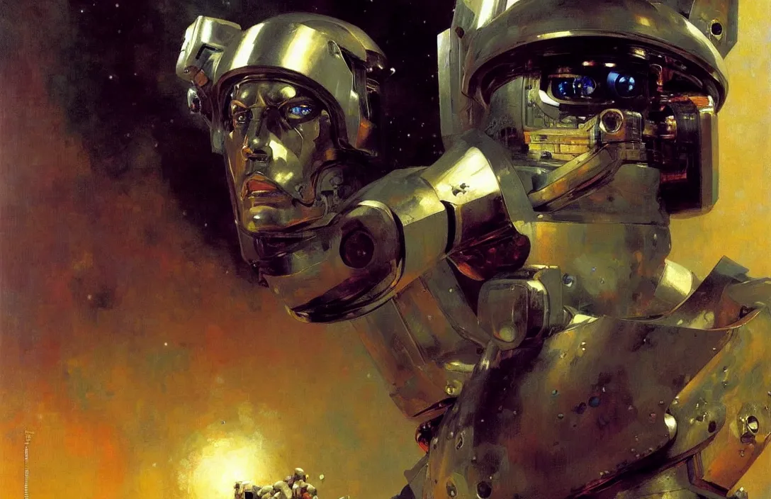 Image similar to portrait of futuristic space robot!!!!!!!!!!!!!!!!!!!!!!!!!!!, detailed face, detailed painting, epic lighting, by ilya repin, phil hale and kent williams