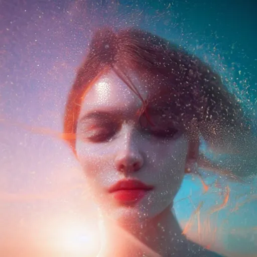 Prompt: alluring portrait woman made of glass emerging out of the ocean at sunset, realistic reflections, translucency, ray tracing, 3 - d render, intricate details, masterpiece, surreal, style of jovana rikalo
