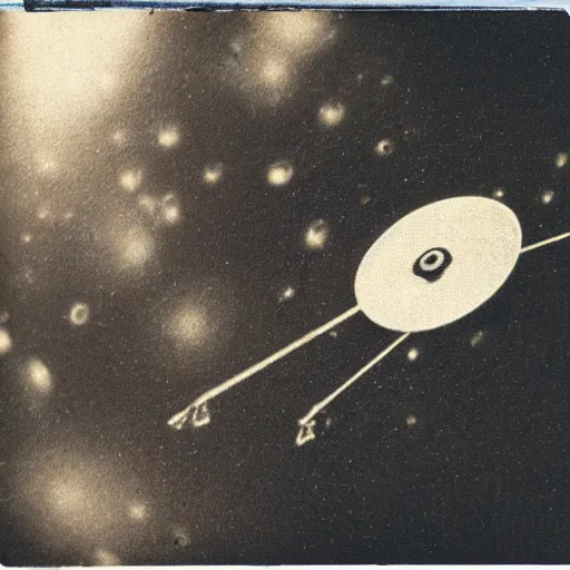 Image similar to old polaroid depicting a small intricate metallic alien probe, on a clearing