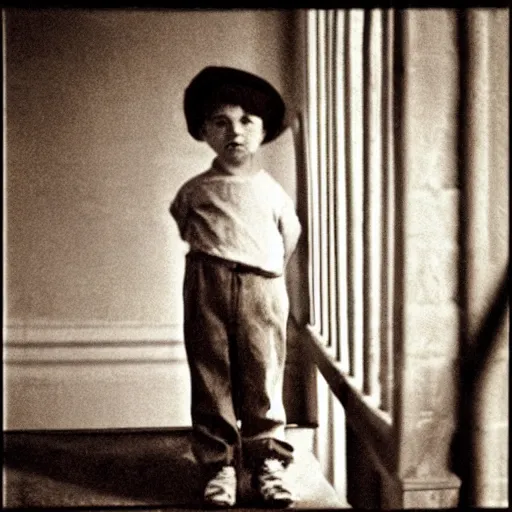 Image similar to old photo, faceless child at the top of a staircase, peering over