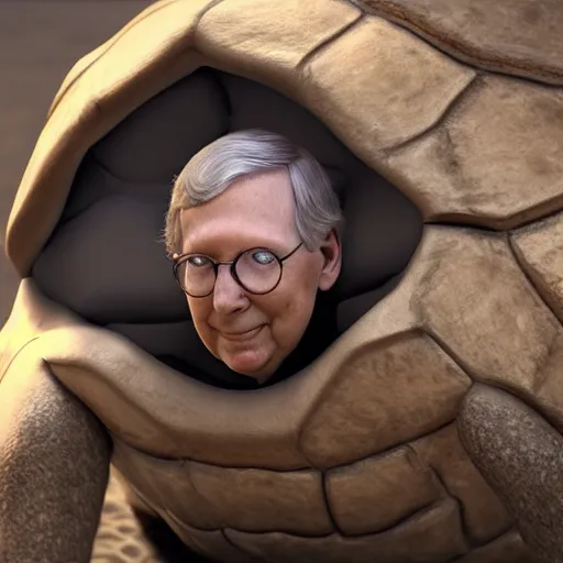 Image similar to mitch mcconnell sticking his head out of a turtle shell, octane render, unreal 5 engine