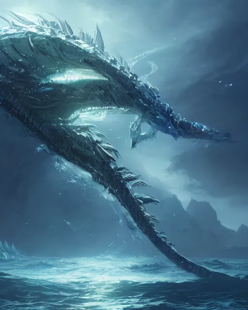 Image similar to A monstrous giant sea dragon in the middle of the sea, fantasy art, in the style of greg rutkowski, illustration, epic, fantasy, intricate, hyper detailed, artstation, concept art, smooth, sharp focus, ray tracing