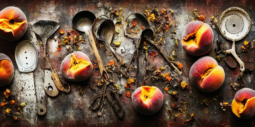 Image similar to decaying rotting peaches, moldy, on an antique distressed table top, dried flowers, metal kitchen utensils, old kitchen backdrop, dark kitchen, style by peter lippmann, intricate detail,