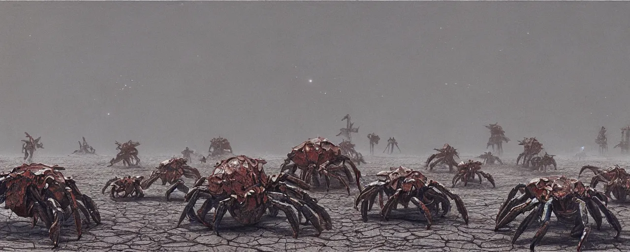 Image similar to a herd of giant crabs made of steel running abound on barren desert exoplanet by James Gurney, by Caspar David Friedrich, by Beksinski and Alex Gray