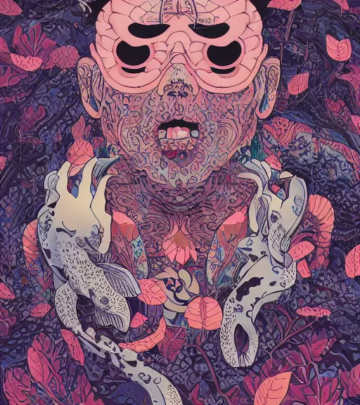 Prompt: portrait, nightmare anomalies, leaves with koi by miyazaki, violet and pink and white palette, illustration, kenneth blom, mental alchemy, james jean, pablo amaringo, naudline pierre, contemporary art, hyper detailed