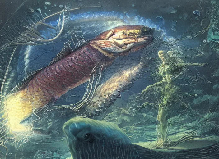 Image similar to pike fish with glowing head, neural cybernetic interface, glowing veins subsurface scattering, deep sea underwater photography, by gerald brom, by mikhail vrubel, by peter elson, muted colors, extreme detail, trending on artstation, 8 k