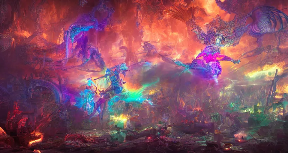 Image similar to colourful banishment of the gods, cinematic, end of an era, chaos, digital art. intricate, cinematic, hyper - detailed, ray trace, 3 d sculpture, beautifully lit, glow, soft light, photorealistic, ghost, symmetric, masterpiece, realistic, highly detailed