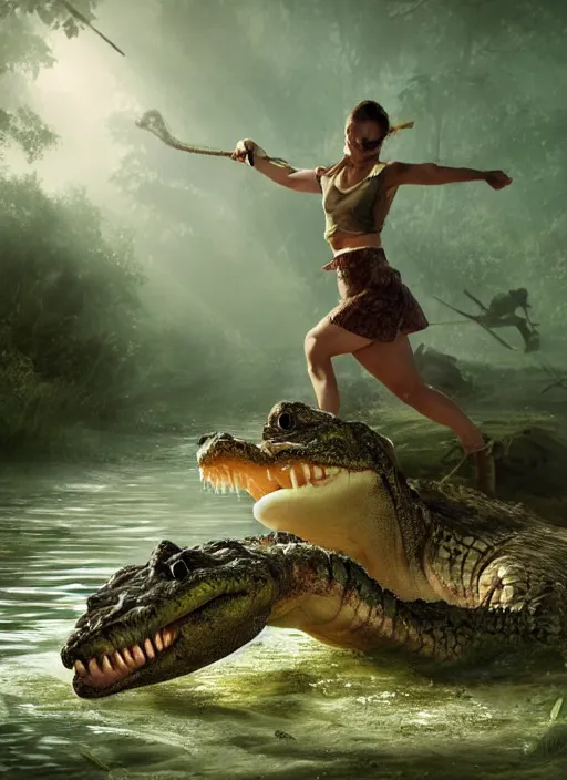 Image similar to a woman fighting against a crocodile in a swamp , soft lighting