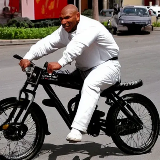 Image similar to mike tyson riding very very small bike