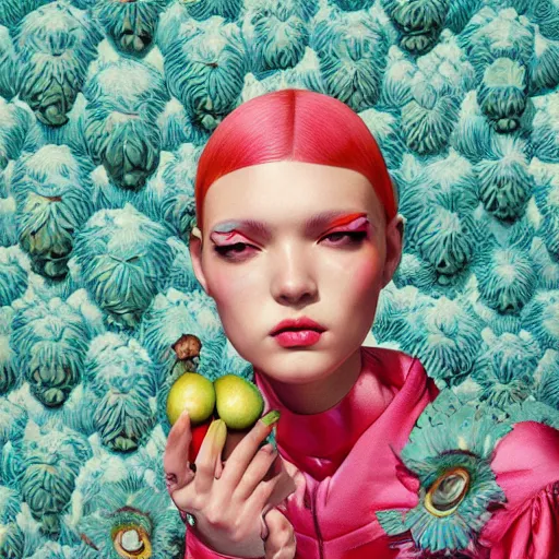 Prompt: pretty model with fruit : : by martine johanna and simon stalenhag and chie yoshii and casey weldon and wlop : : ornate, dynamic, particulate, rich colors, intricate, elegant, highly detailed, vogue, harper's bazaar art, fashion magazine, smooth, sharp focus, 8 k, octane render