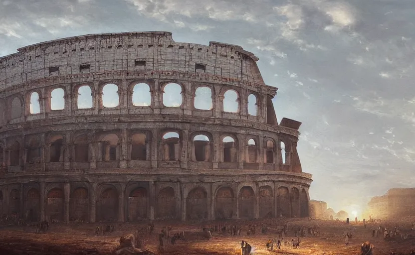 Prompt: A painting of the Roman Colosseum trending on artstation in the style of Greg Rutkowski