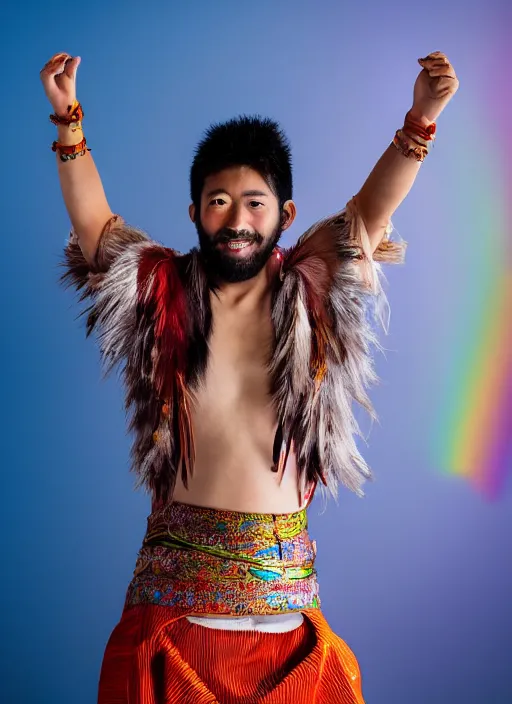 Prompt: japanese man with short hair and a beard wearing a native indian outfit, dancing next to a rainbow, full body portrait, dynamic lighting