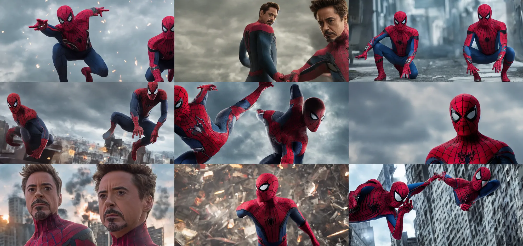 Prompt: Robert Downey Jr. as Spider-Man, film still, wide-shot, full shot, cinematic lens, heroic portrait from Avengers Endgame