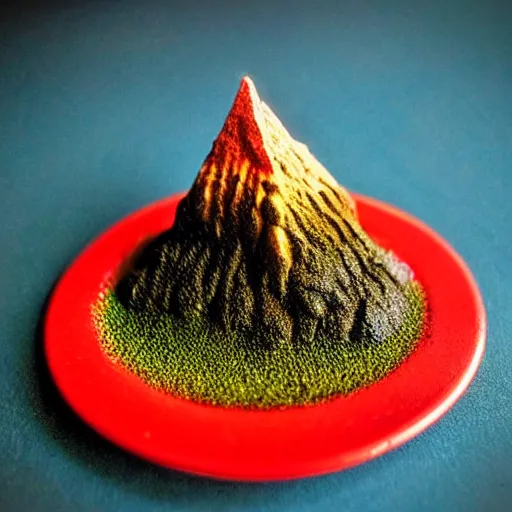 Prompt: miniature volcano on dinner plate