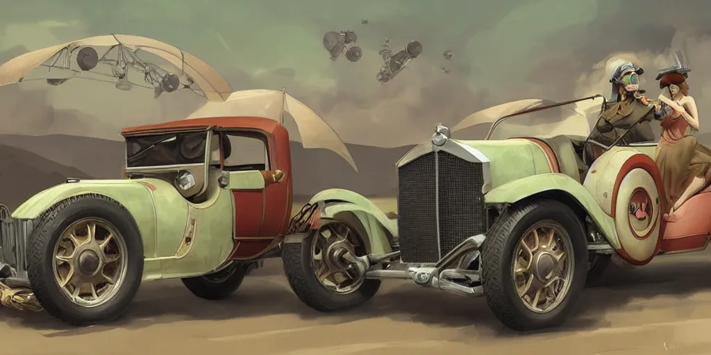 Image similar to 1920's hotrod featured in no mans sky concept art, highly detailed, soft colors, art by by Charlie Bowater, by Mark Brooks