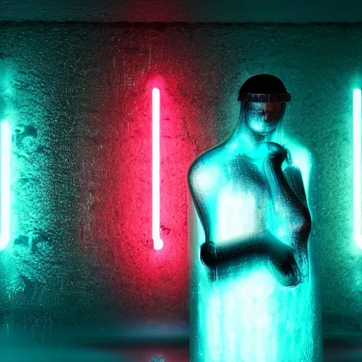 Image similar to a human made out of rain, neon, rendered in octane, unreal engine, highly detailed, realistic, beautiful, emotional