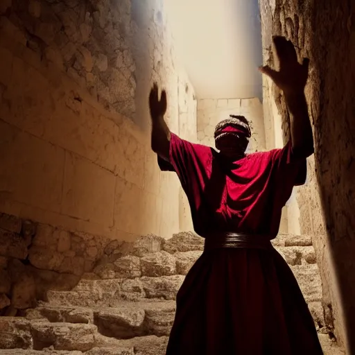 Image similar to award winning cinematic still of nighttime with 40 year old Mediterranean skinned man in Ancient Canaanite clothing fixing a ruined, crumbled wall in Jerusalem, holding a sword and a chisel, dramatic lighting, nighttime, strong shadows, bright red hues, directed by Michael Bay