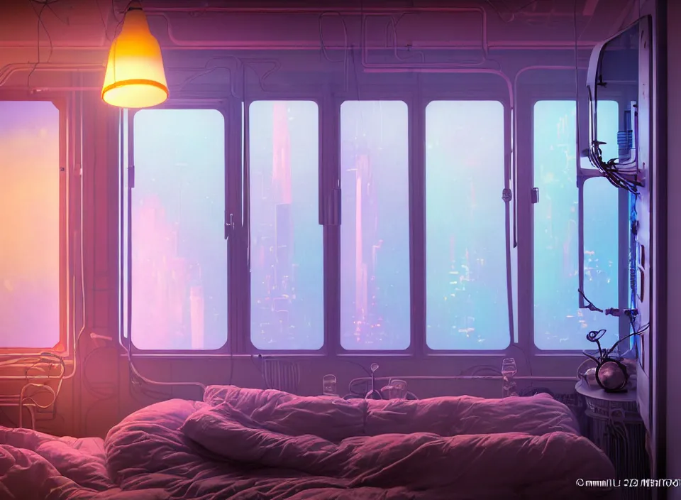 Prompt: telephoto 7 0 mm f / 2. 8 iso 2 0 0 photograph depicting the feeling of insomnia in a cosy cluttered french sci - fi ( art nouveau ) pale cyberpunk apartment in a pastel dreamstate art cinema style. ( aquarium, computer screens, window ( city ), led indicator, lamp ( ( ( weight rack ) ) ) ), ambient light.