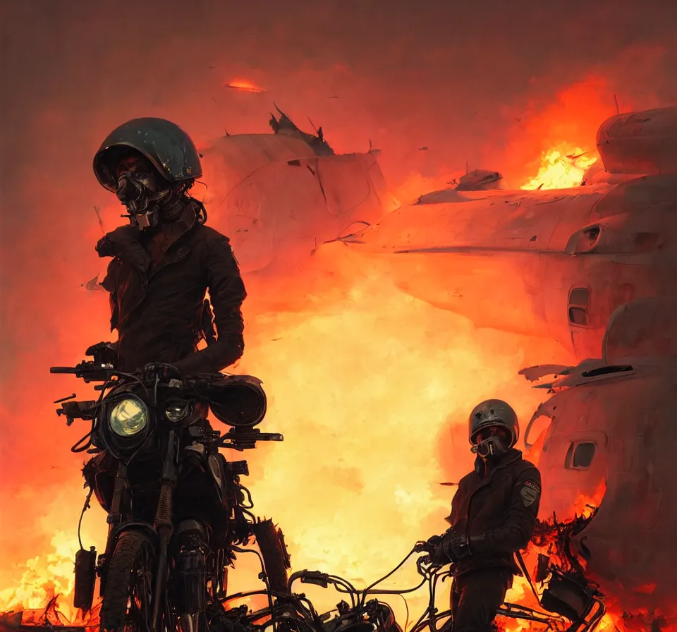 Image similar to a ultradetailed beautiful panting of post apocalyptic biker with helmet in front of crashed airplane burning, by ilya kuvshinov, greg rutkowski and makoto shinkai, trending on artstation