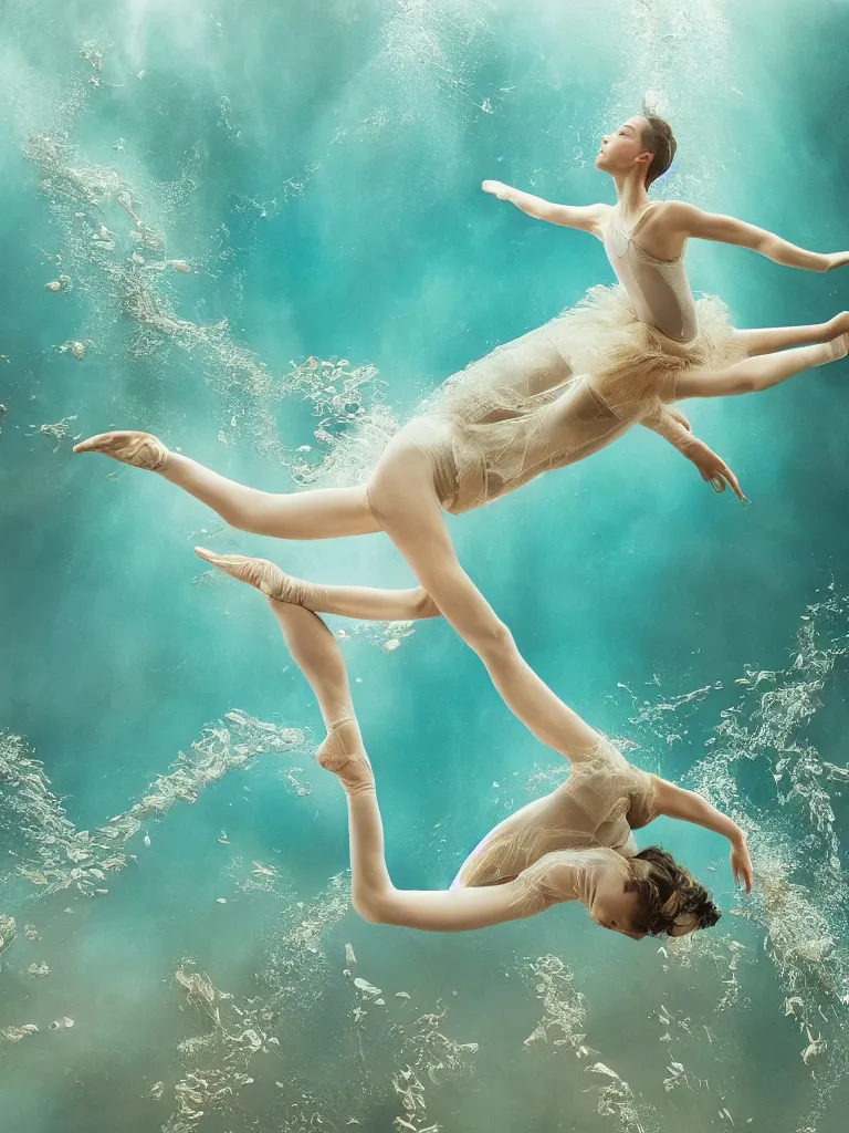 Prompt: a beautiful hyperdetailed rendering of a extremely cohesive underwater ballerina lyrical dancer weightless and drowning, ultrawide angle, aquasixio