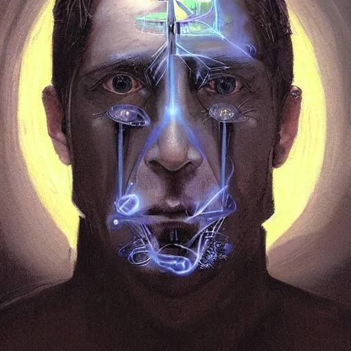 Image similar to surreal portrait of a man by Greg Rutkowski, symmetrical face, he is about 50 years old, short black hair with bangs, his features are a mix between French, Turkish and Russian, transformed into a kind of biomechanical transhuman god, blue glowing eyes, expression of epiphany and determination, cosmic void background, frightening, fascinating, highly detailed portrait, digital painting, book cover, artstation, concept art, smooth, sharp foccus ilustration, Artstation HQ