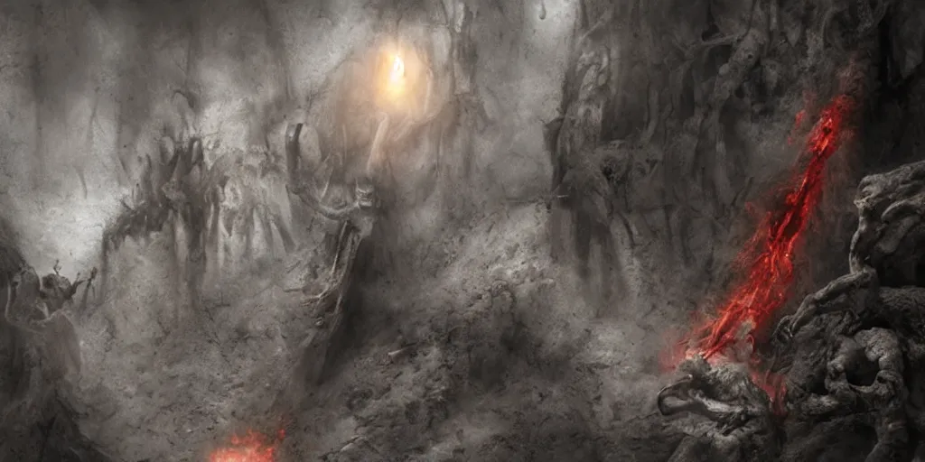 Prompt: dante's inferno, dark style movie, photoreal, imax, hyper realisme, volume light