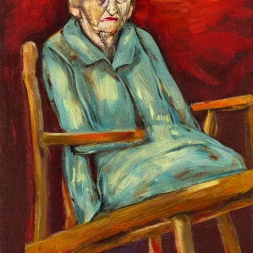 Image similar to old woman crying sitting in a rocking chair, expressionism