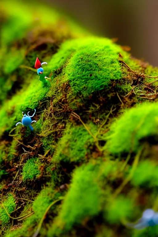 Image similar to pikmin on a mossy forest floor, macro photography