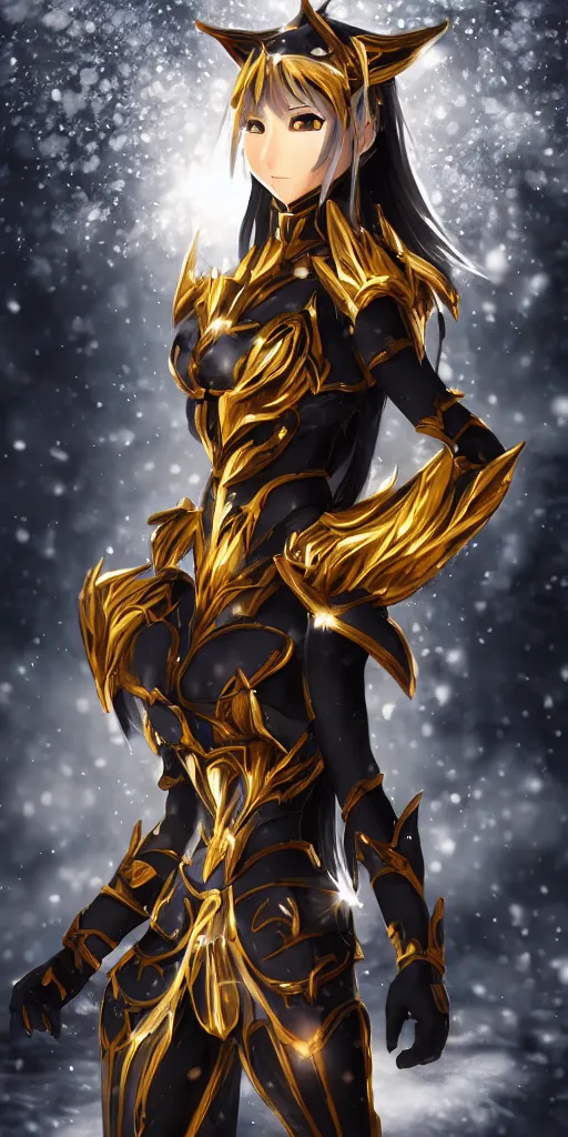 Prompt: focus face portrait of beautiful darkness knight 3D anime girl, golden armor wearing, dark forest background, snowing, bokeh, inspired by Masami Kurumada, digital painting, high contrast, unreal engine render, volumetric lighting, high détail