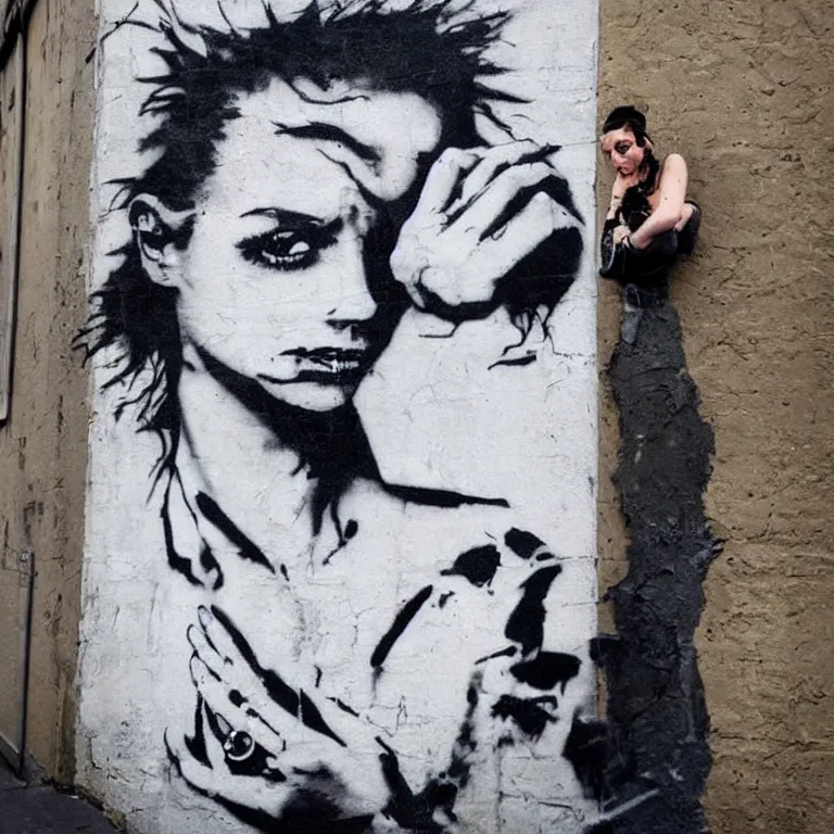 Prompt: Street-art portrait of The Girl with the Dragon Tattoo in style of Banksy, photorealism