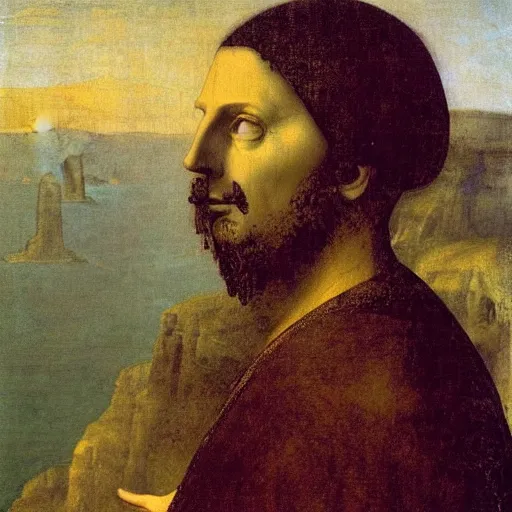 Image similar to portrait of william sheen by davinci watching over the cliffs of moher, high definition, golden ratio